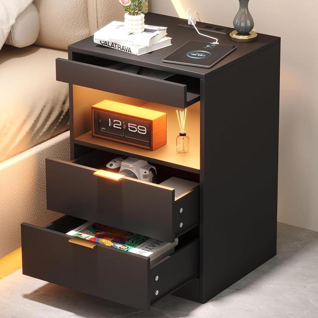 Yusong Night Stand, Bedside Table, LED Nightstand with Charging Station, Modern Night Stand, Wood Sofa Couch End Side Table with 2 Pull-Out Shelf (Black 001)