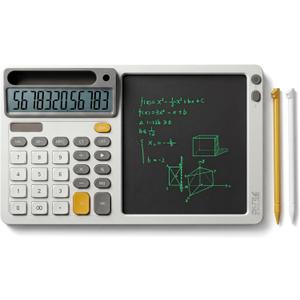 Solar Desk Calculator with 7.5 inc LCD Writing Membrane, 15 Tilt for Easy Reading, Integrated Phone Stand, Voice & Silent Modes, Anti-Slip Pads for Stability, Ideal for Office & Study Use