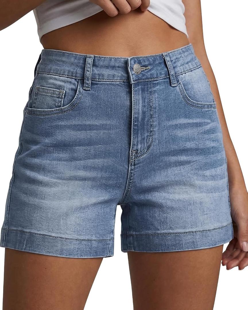 luvamia Jean Shorts for Women High Waisted Mid Thigh Mom Stretch Denim Shorts Casual Summer Jorts Country Concert Outfit (Blue, S)