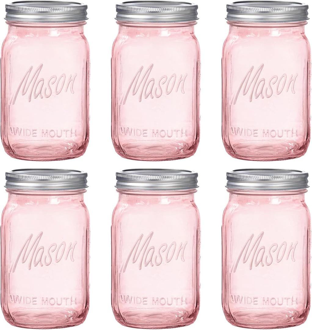 WELLIFE Pink Mason Jars 32 oz,6 Pack Wide Mouth Mason Jars for Safe Storage,Fermenting,Pickling,DIY,Crafts Decoration