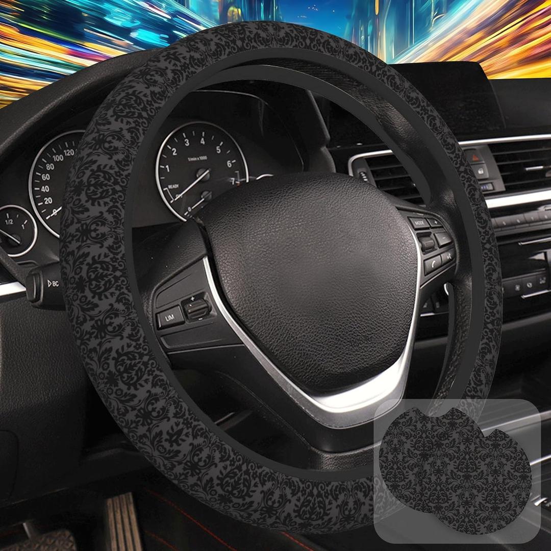 Black Damask Flower Steering Wheel Cover for Women, Anti-Slip Car Steering Wheel Cover with 2 Pcs Cup Holders Neoprene Breathable Car Accessories Universal 15 Inch Auto Interior Decor