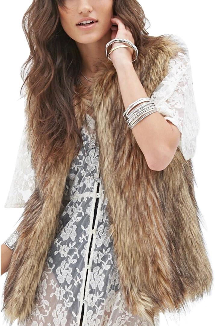 Tanming Women's Fashion Autumn and Winter Warm Short Faux Fur Vests (Medium, Grey)