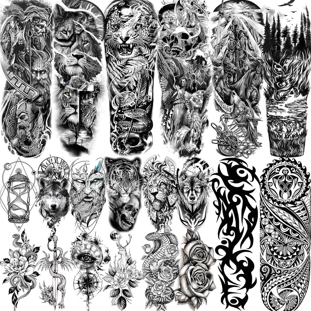 20 Sheets Extra Large Full Arm Temporary Tattoos For Men Adults, Tiger Snake Leopard Lion King Temporary Tattoos Sleeve For Women, Temp Waterproof Fake Tattoo Stickers For Kids Warrior Tatoos