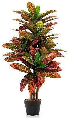 Artificial Croton Plant 40" Tall Fiddle Leaf fig Tree Croton Palm Tree - Green+Red+Yellow+Black