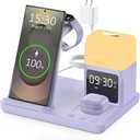 Wireless Charger for Samsung/Android Charging Station, 6 in 1 Fast Watch Charger with Alarm Clock-Night Light, Compatible for Galaxy S25 Ultra/S24, Only for Samsung Watch8/7, Galaxy Buds3 Pro(Black) (Coal)