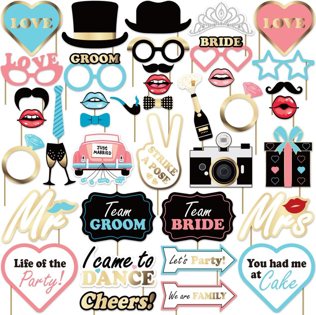 AMFEOV 40pcs Photo Booth Props - Wedding Party Supplies Decorations for Photobooth - Glitter Gold Pink Teal Selfie Props