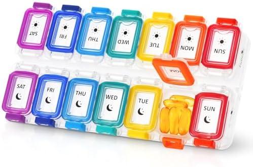 Fullicon Moisture Proof Pill Organizer 1 Times a Day, Large Pill Box 7 Day, Spill Proof Pill Case, Travel Pill Container, Medicine Pill Organizer with Secure Lids, Daily Pill Organizer, Rainbow Clear 
