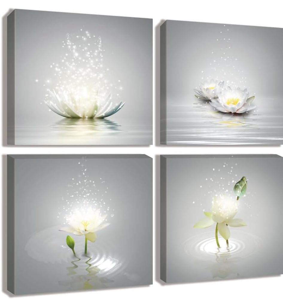 Lotus Floral Canvas Prints Art Zen Office Decor Wall Art Meditation Pictures Modern Artwork Painting Framed Home Decor (B, 20X20inch)