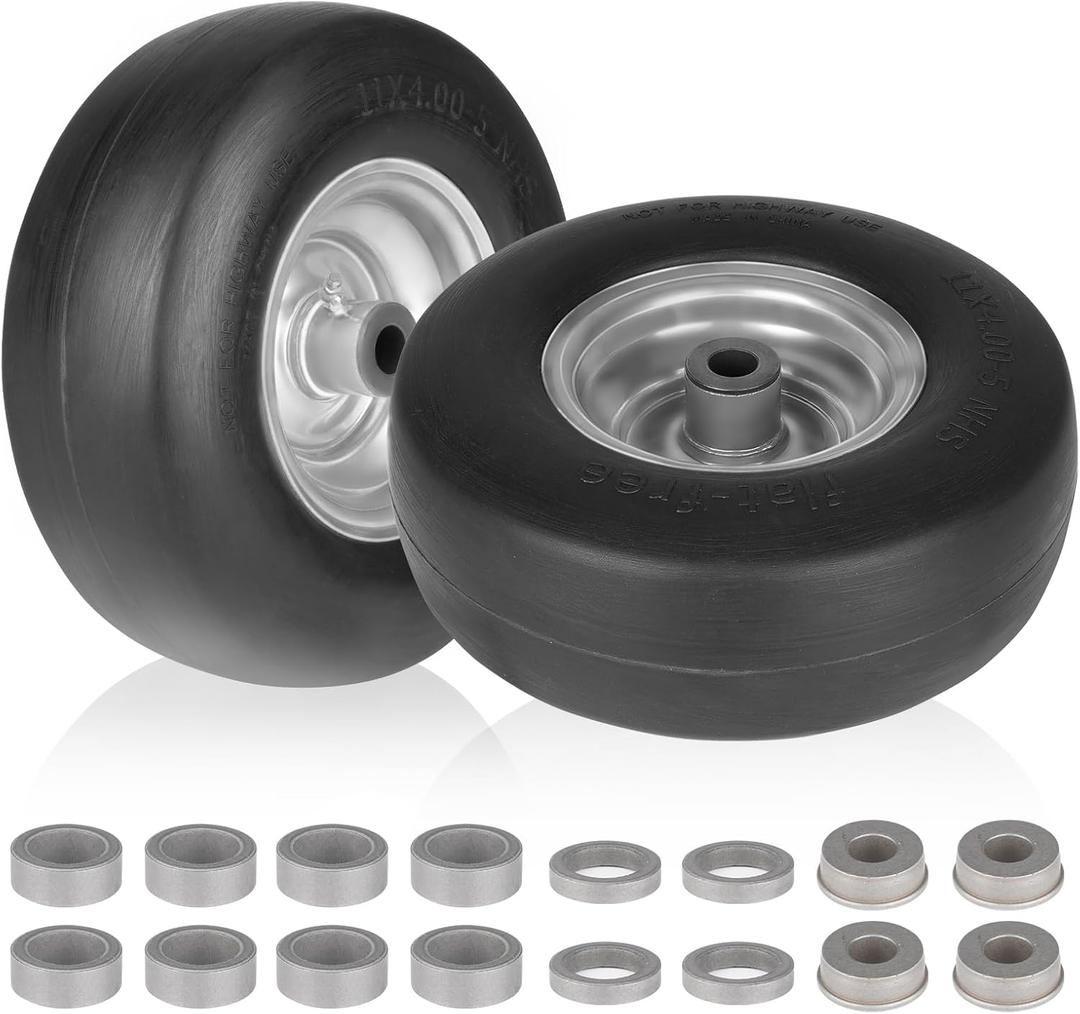 11x4.00-5 Flat Free Lawn Mower Tire with Rim for Many Zero Turn Lawn Mowers | 3.4"-4"-4.5"-5" Centered Hub, with Universal Adapter Kit| Bore ID 3/4" or 5/8" (2PCS)