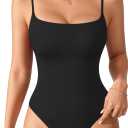 MANGOPOP Women's Cami Thong Bodysuit Double Lined Square Neck Backless Body Suit Adjustable Spaghetti Strap Tank Tops (Medium, 01black)