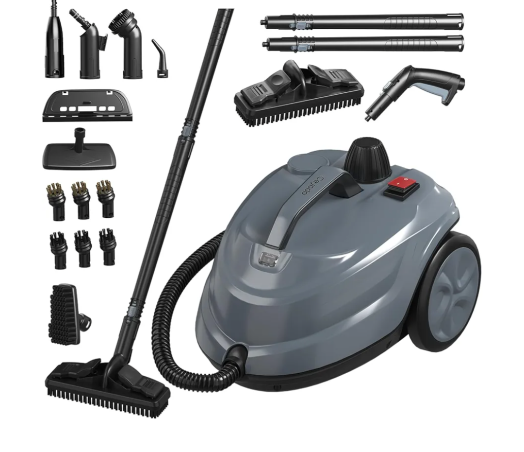 Steam Cleaner, Powerful Heavy Duty Canister Steamer with 34 Accessories, Steam Mop with 16.4 Ft Extra-Long Power Cord for Home Floor Cleaning, Grout, Upholstery, Car Detailing, Grey
