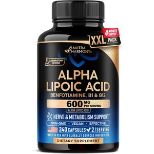 Alpha Lipoic Acid 600mg - ALA Supplement Antioxidant for Nerve, Energy & Metabolism Support - Extra Strength with Benfotiamine, B1 & B12 - Lab Tested, NON-GMO & Vegan - 240 Capsules, 4 Month Supply, Exp Date: 5/28