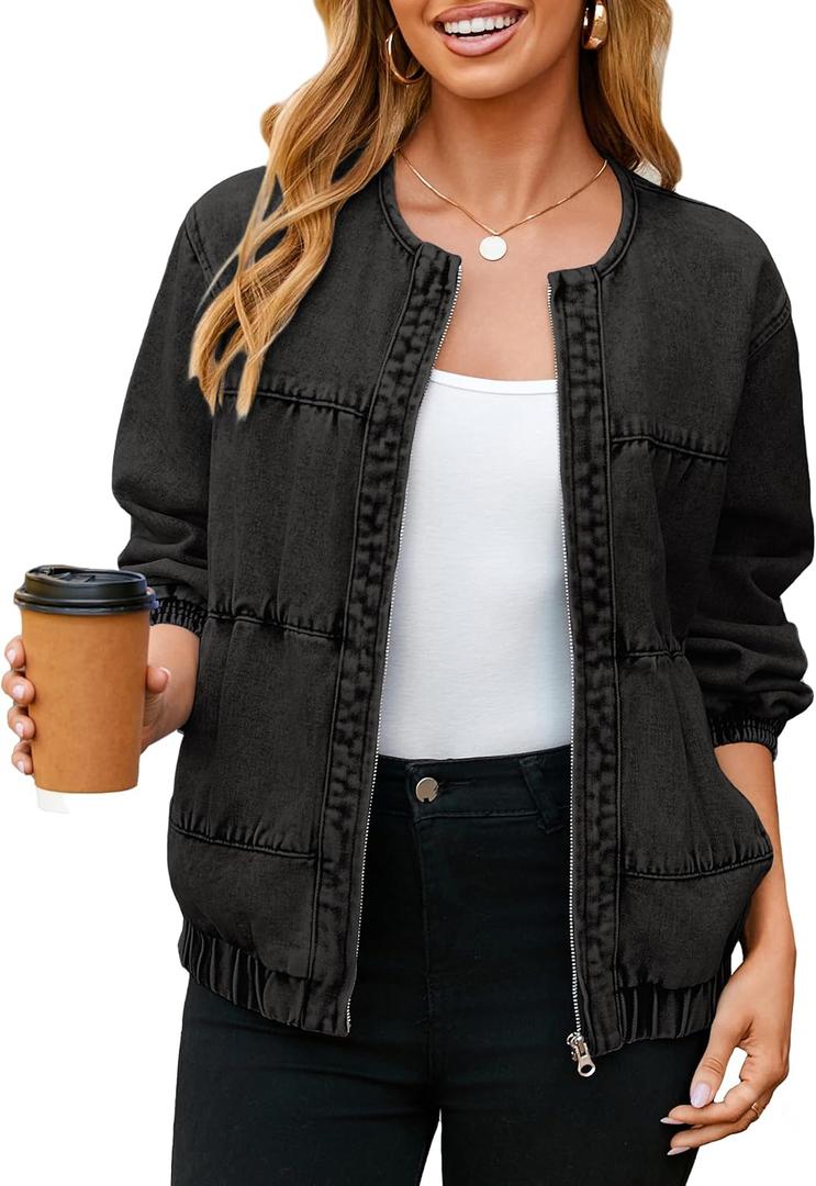 Glamaker Womens Denim Bomber Jacket Trendy Casual Zip Up Crew Neck Long Sleeve Loose Fit Jean Jacket Fall Outfits (Black, M)