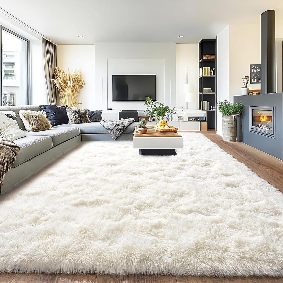 8x10 Rug for Living Room, Fuzzy Plush Large Area Rug, Fluffy Modern Shag Non Slip Soft Furry Carpet for Bedroom Kids Room Nursery Teens Dorm Home Decor, Cream White