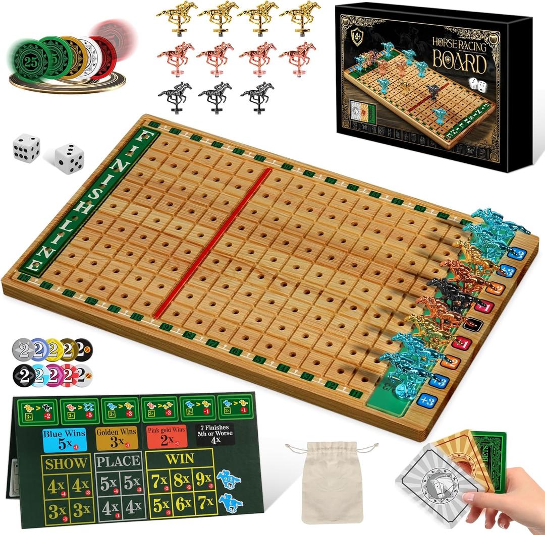 Premium Horse Racing Game with Cards and Dice, Horse Race Betting Board Game for Adult, Thickened Solid Wood with 143 Chips, 9 Metal Horses, Bet Board & Tokens & Cards, Rich Props for Enhanced Fun