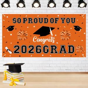 2 x Graduation Decorations 2026 Orange Graduation Banner 66.1" x 33.8" Graduation Backdrop Congrats Grad Banner for Outdoor Indoor High School College Class of 2026 Graduation Party Decorations