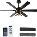 52 Inch Farmhouse Ceiling Fan with Light and Remote, Black Industrial Caged Rustic Ceiling Fan with 6 Speed Reversible Motor and Dual Finish 6 Blades, Rustic Ceiling Fan for Living
