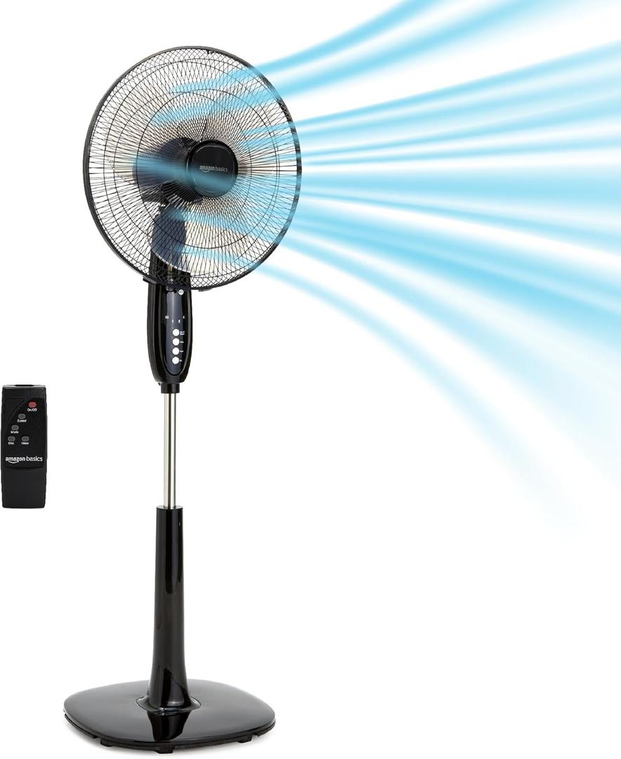 Amazon Basics 16" Pedestal Fan with Remote for Bedroom, Living Room, Office, Adjustable Height, Dual-Layered Blades, 3 Speeds, 3 Modes, Timer, Tilt Head, 60W, Black