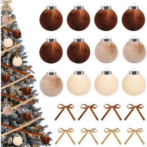 12Pcs Velvet Christmas Balls Ornaments and Ribbon Bows 2.4 Inch Flocked Xmas Tree Hanging Decorations for Holiday Party Wedding Brown Khaki Beige