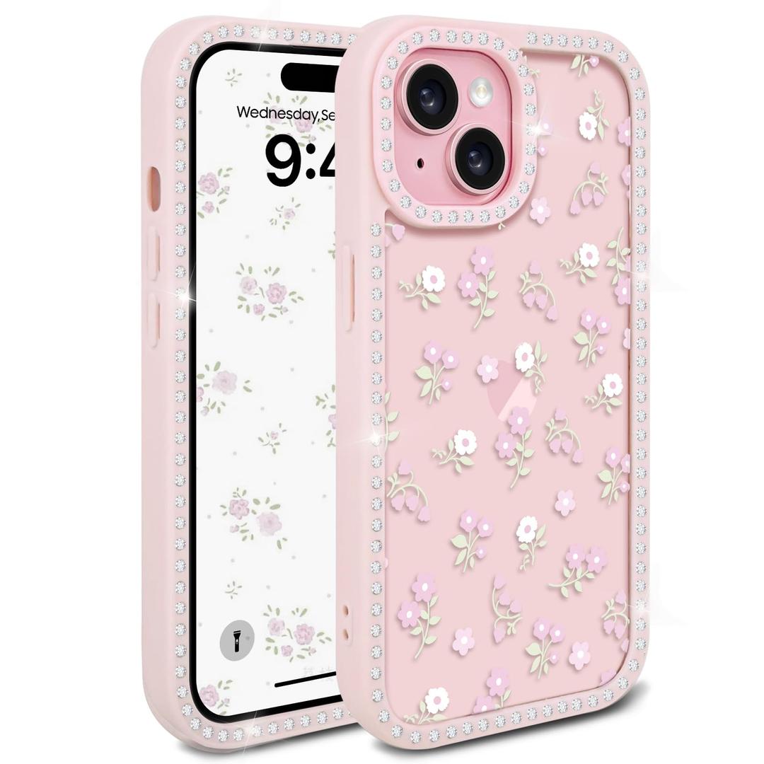 Lovmooful for iPhone 15 Case Clear Glitter Cute Flower-Pink