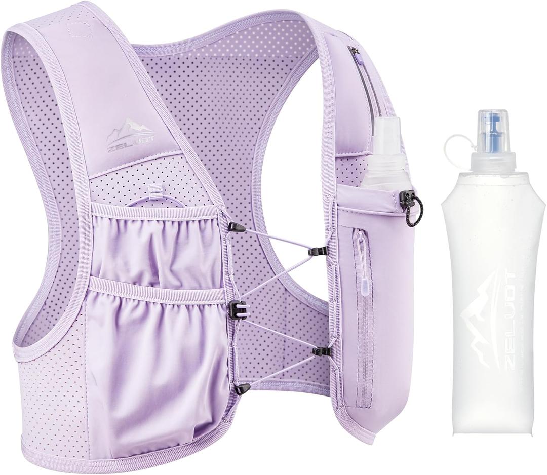 Zelvot Running Vest for Women Men, USA Original Patent, Adjustable Chest Straps Running Hydration Vest with 500ml Soft Flask, Lightweight Reflective Hydration Backpack for Marathon (X-Small-Small, Purple)