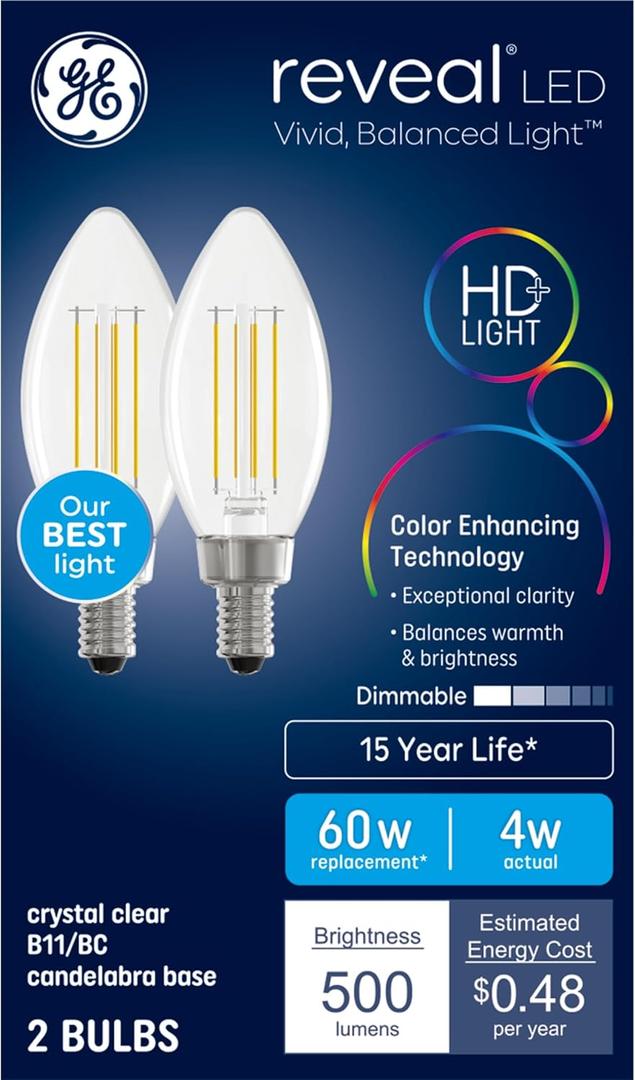 GE Reveal LED Light Bulbs, Candle Lights, 60 Watts, Clear Decorative B11 Bulbs, Small Base (2 Pack)
