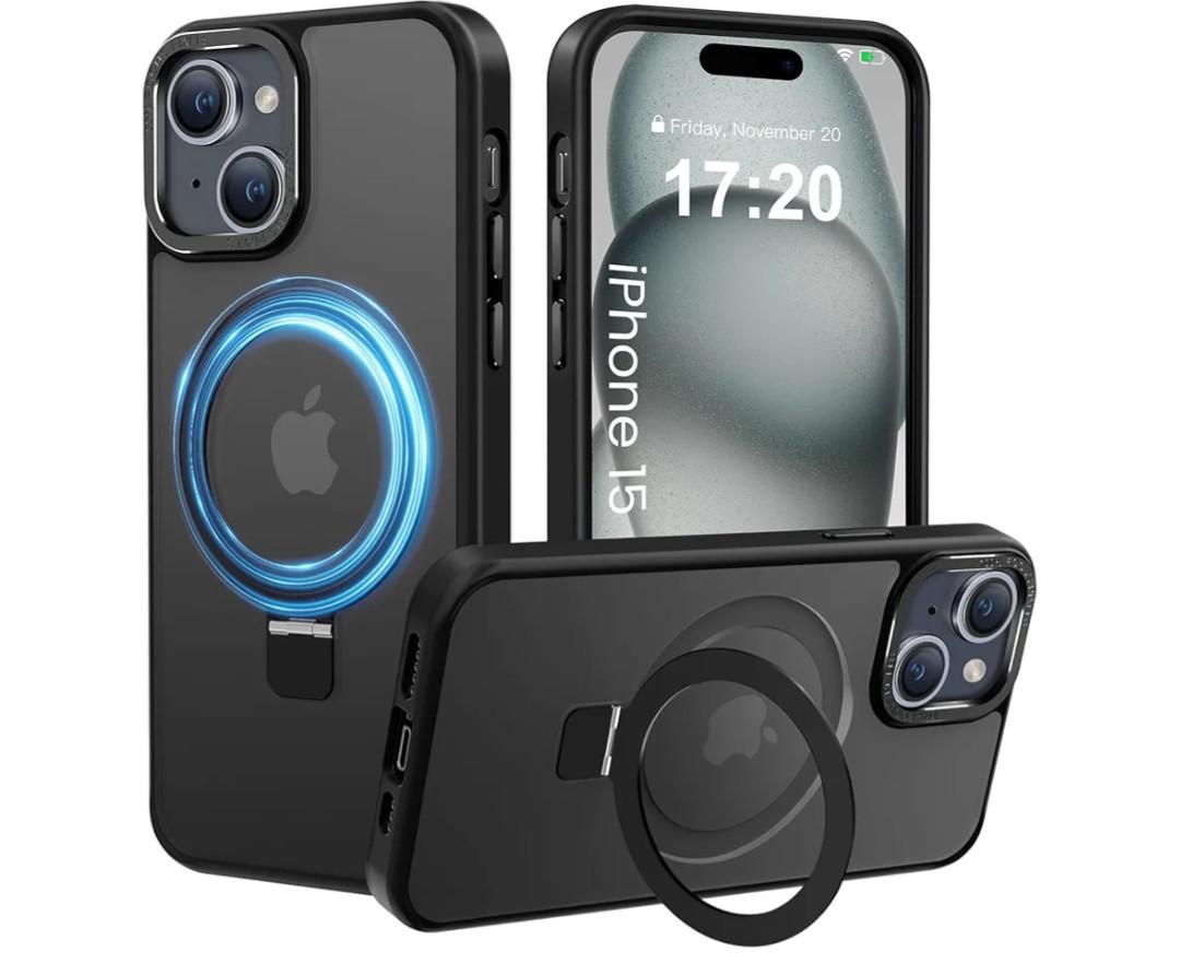 Compatible with iPhone 15 Case with Magnetic Ring Stand, Military Drop Protection, Anti-Scratch/Anti-Fingerprint Translucent Matte Phone Case for iPhone 15 (Black)