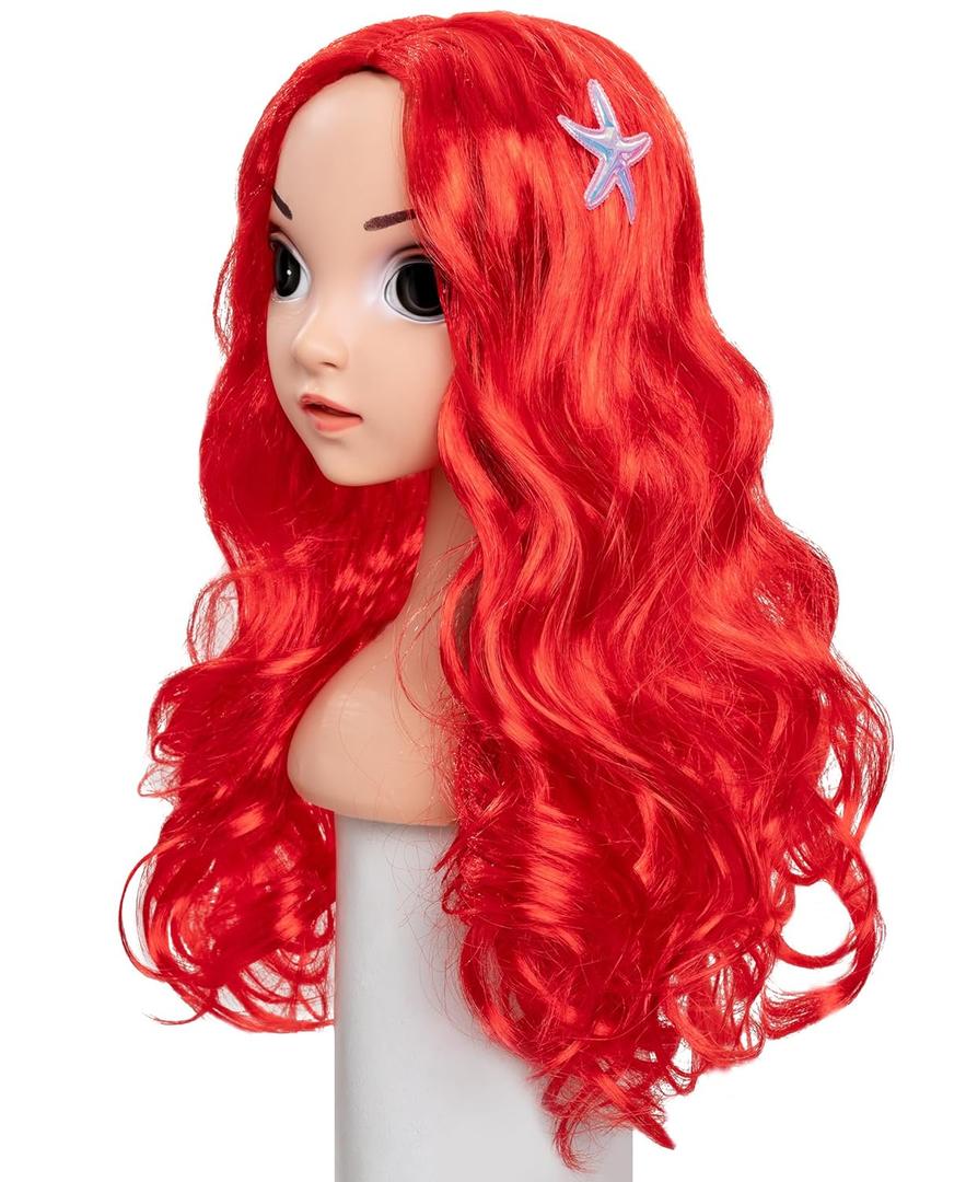 Funna Mermaid Wig for Girls Costume Accessories Halloween Princess Cosplay Long Curly Red, M