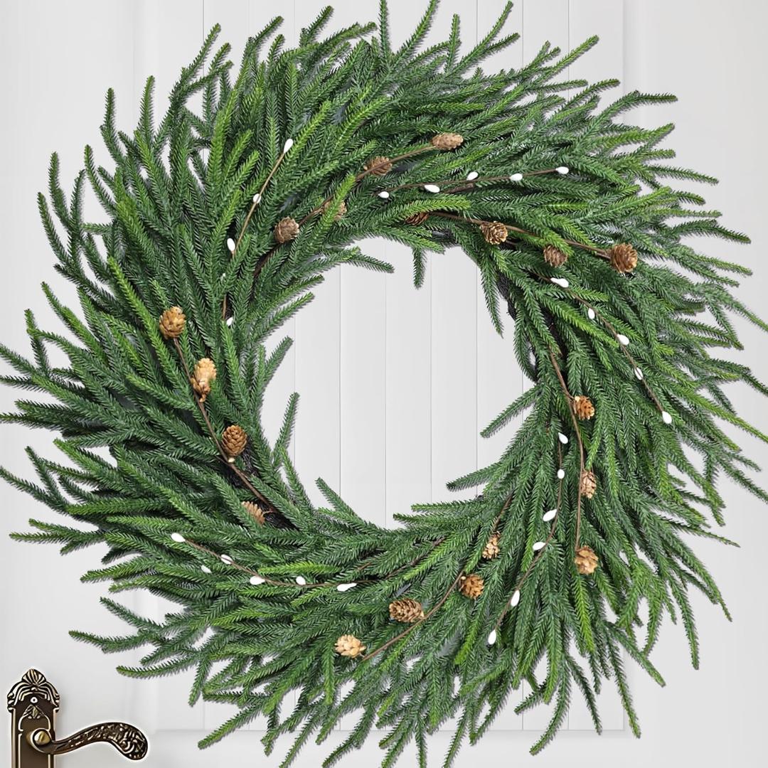 24 Inch Pine Wreath Christmas Wreaths for Front Door, Real Touch Pine Wreath with White Berries Artificial Green Wreaths for Walls Windows Porches Farmhouse Indoor Outdoor Home Decor