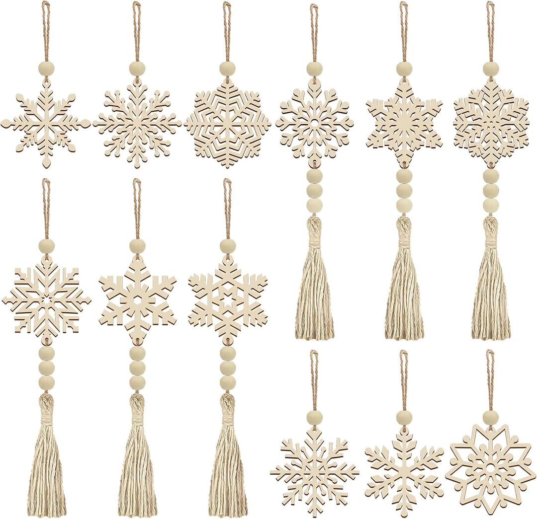 OurWarm 24Pcs Wooden Christmas Ornaments, 2 Styles Snowflakes Christmas Tree Ornaments, Set for Christmas Decor, Bohemian and Farmhouse Style Christmas Home Decor