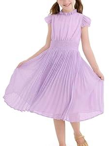 PATPAT Girls Casual Ruffle Sleeves Dresses A-line Elegant Midi Party Dress 12_13 Years Purple