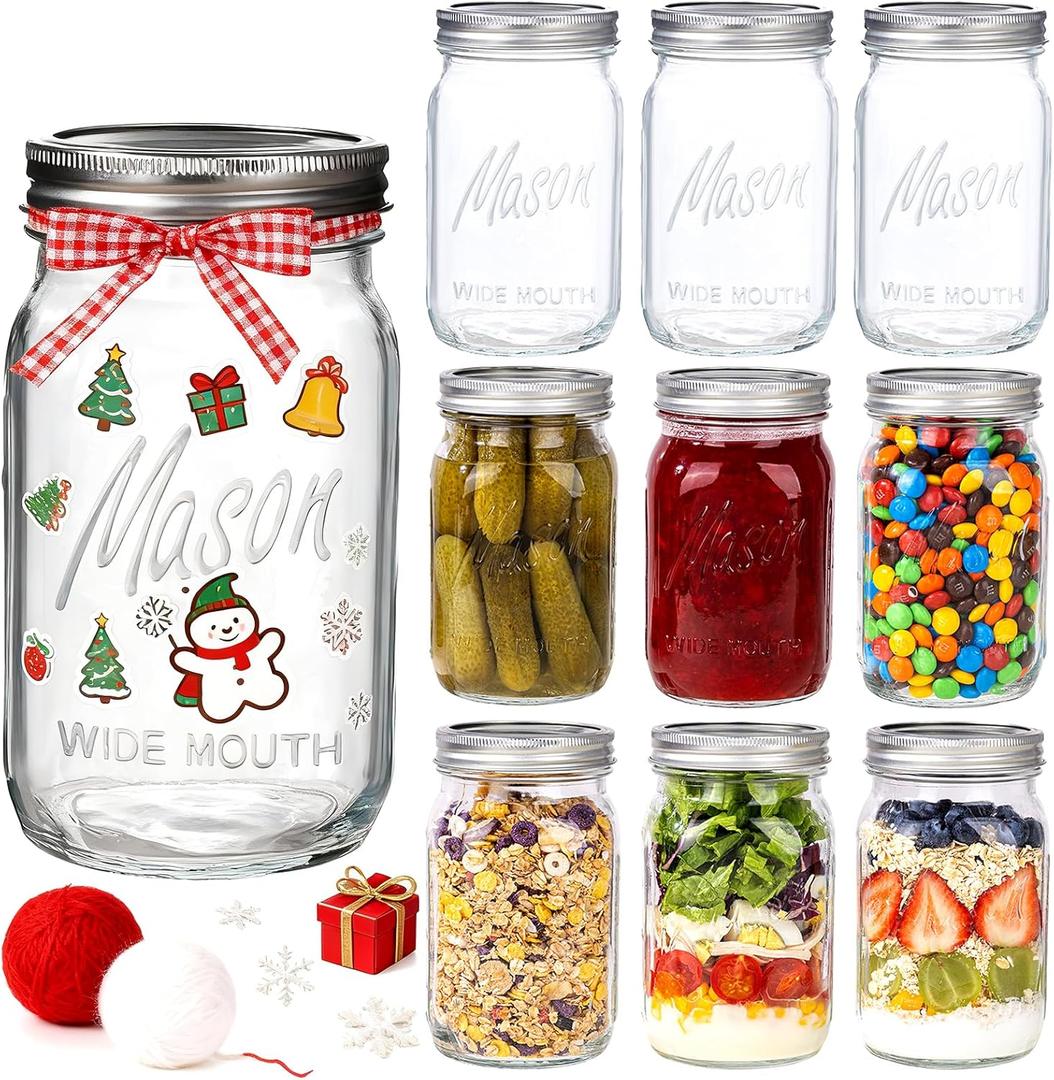 WELLIFE Wide Mouth Mason Jars, 12 Pack Mason Jars 32 oz for Pickling, Canning, Fermenting and Food Storage, Microwave & Dishwasher Safe