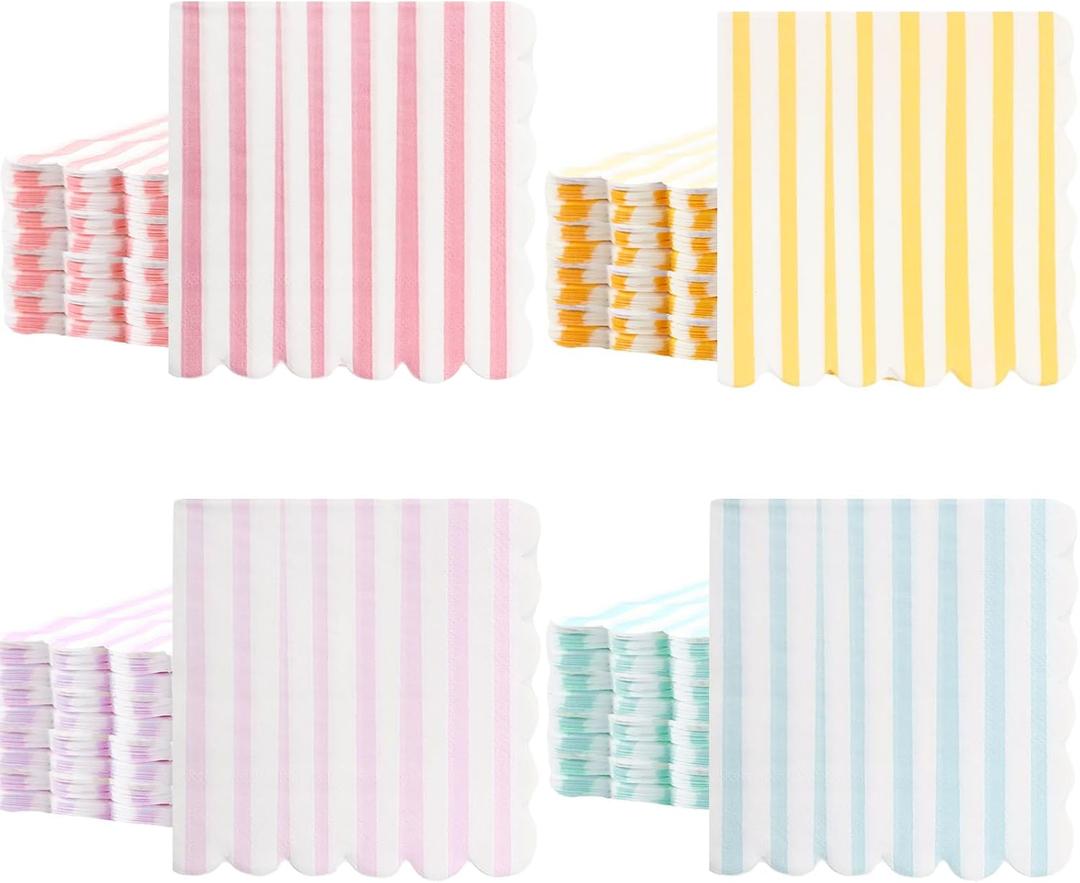 Tenceur 100 Pack Scalloped Pastel Napkins Mixed Stripe Ice Cream 5 x 5 Inch Disposable Paper Cocktail Beverage Napkins for Pastel Summer Party Shower Birthday Dinner Decor Supplies Favor(Four Colors)
