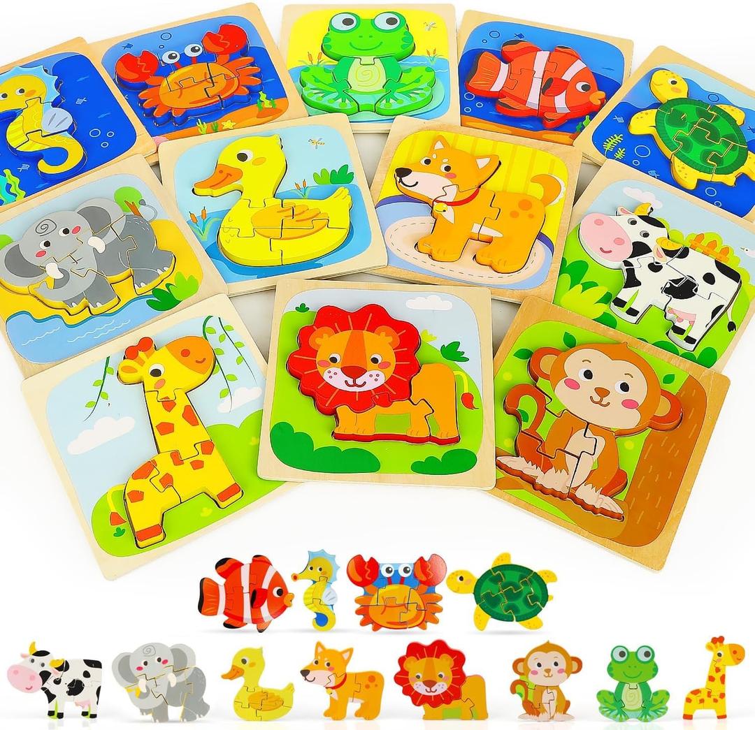 TOY Life Wooden Puzzles for Toddlers 2-4, Montessori Toys for 1 2 3 Year Old Toddler Boys Girls, Animals Jigsaw Puzzles, Educational Learning Toy Kids Puzzle, Best Gifts Toys for Baby Ages 1-3 2-4, Animals Pules 12cs