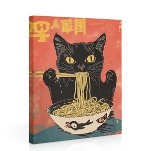 Funny Cat Canvas Wall Art, Vintage Japanese Cat Eating Ramen Framed Art Paintings Wall Decor Unique Gifts And Animal Lover Prints Picture for Living Room Kitchen Dining Room Farmhouse Decor 11.5x15In