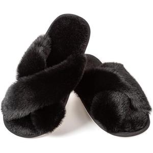 Womens Cross Band Slippers Cozy Furry Fuzzy House Slippers Open Toe Fluffy Indoor Shoes Outdoor Slip on Warm Breathable Anti-skid Sole (Black)
