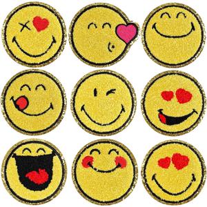 WILDREEDS 9PCS Smiley Face Iron on Patch, Officially Licensed SmileyWorld, Chenille Cute Smile Face Patch for Jackets, Hats, Backpacks, Jeans(Style 2)