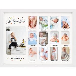 Baby First Years Photo Frames 12 Month Picture Frame 12 * 16 for Holds (1) 5x7 & (12) 2x3 Wallet Size Photos White (White Frame With White Mat-Horizontal)