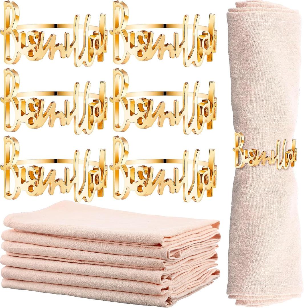 6 Set Eid Gold Napkin Rings and Cotton Napkins Bismillah Letter Metal Napkin Buckles Eid Dinner Cloth Napkins Muslim Table Decoration for Ramadan Party Islamic Holiday Wedding(Beige)