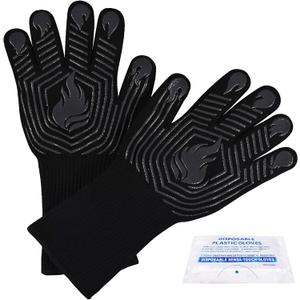 BBQ Gloves, 1472F Heat Resistant Gloves Fireproof Mitts, Grilling Gloves Silicone Non-Slip Washable Oven Glove, Kitchen Glove for Barbecue, Grilling, Cooking, Baking, Camping, Smoker (Black)