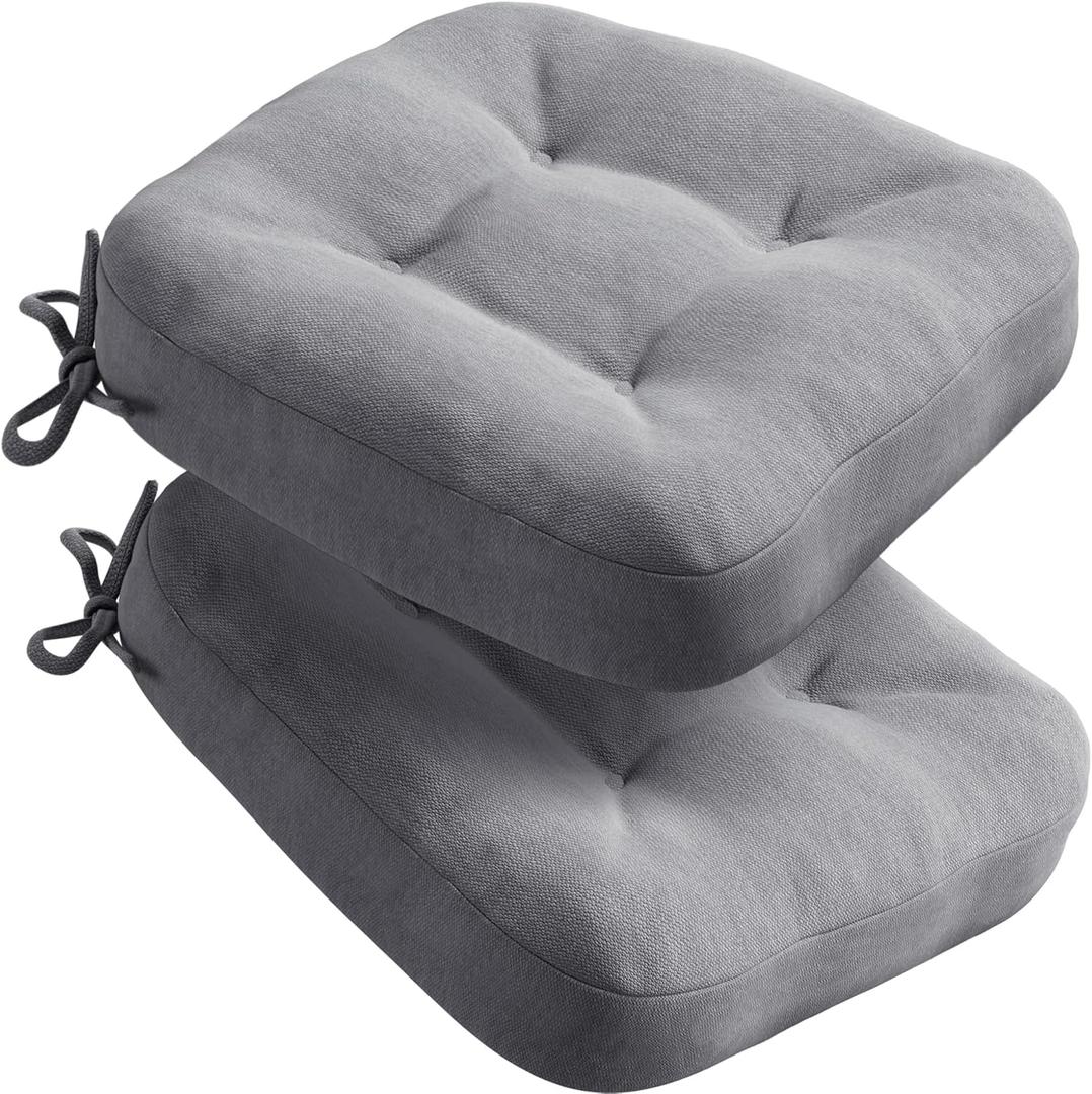 Codi Dining Chair Cushions 2 Pack, Thick Chairs Pads for Indoor Kitchen Room - Washable, Non-Slip Memory Foam Seat Cushion with Ties, 16.5"x16.5"x 3.5", Set of 2, Grey New