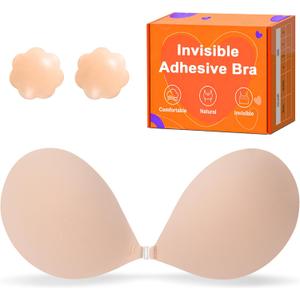 Sticky Push Up Strapless Bras for Women, Ultra Adhesive Bra for Backless Dress, Invisible Silicon Bra with Nipple Cover (Nude)