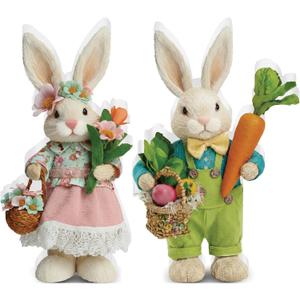 DoubleFill 2 Pcs Easter Bunny Figurine Easter Wooden Bunny Figurines Table Decoration for Spring Gifts Home Office Centerpiece Decor Party Supplies