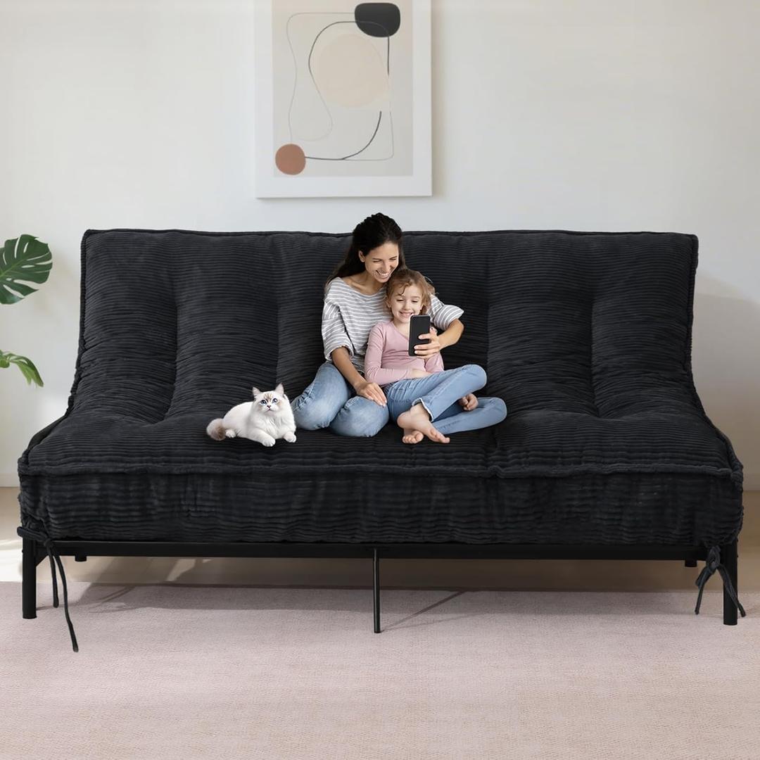 8" Futon Mattress Queen Size, Thick Futons Sofa Couch Bed Sleeper Sofa Bed, Floor Mattress for Adults, Roll Up Folding Mattres Shredded Foam Filling, Medium Firm(Frame Not Included) (Black)