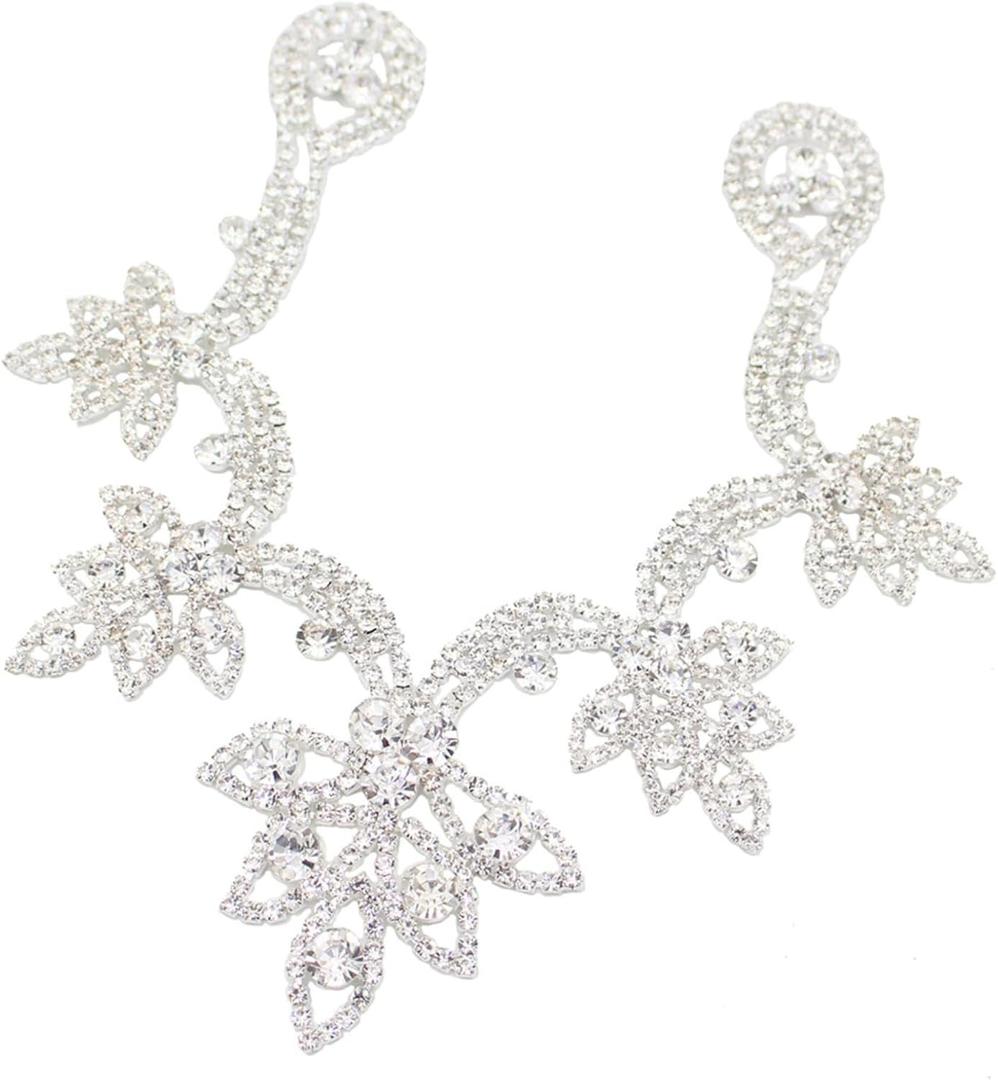 PEARLY JUN Rhinestone Appliques Silver Diamond V Neck Applique Patches for Dresses Hand Sewing Craft Projects DIY Wedding Clothes Shoes Hats Bags Embellishments