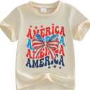 Kids Toddler Girls 4th of July T-Shirt Short Sleeve Patriotic Coquette Bow American Flag Independence Day Top, 1-2 Yrs