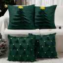 Tudomro 4 Pcs 2 Style Christmas Tree Throw Pillow Covers 20 x 20 Inch 3D Embroidered Soft Faux Fur Green Christmas Tree Design Pillowcases for Sofa Couch Bed Home Winter Holiday Xmas Decor