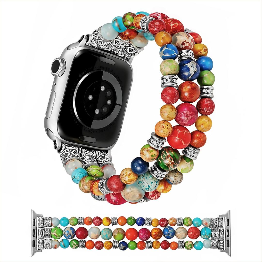 Moolia Stretch Natural Stone Strap Compatible with Apple Watch Bands 40/42/41/38mm Women, Jasper Handmade Bracelet Boho Beaded Band for iWatch Series 11 10 9 8 7 6 5 4 3 SE/Ultra 3 2 1 (Vibrant Chakra)