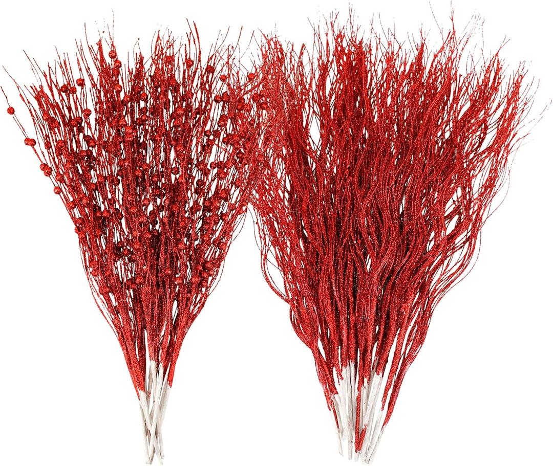 SUPREME XMAS 30 Pack Artificial Glitter Red Berry Stems Ornaments, Christmas Branches Picks Ornaments Set for Xmas Tree Sticks Decorations Gift Vase Wreath Fireplace Home Holiday Wedding Party Decor