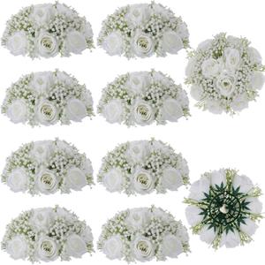 BLOSMON Fake Flowers Ball Wedding Centerpieces 10 Pcs White Rose Babys Breath Artificial Flowers Center Pieces Decoration for Table Silk Kissing Floral Bouquet Arrangements for Home Party DIY Decor
